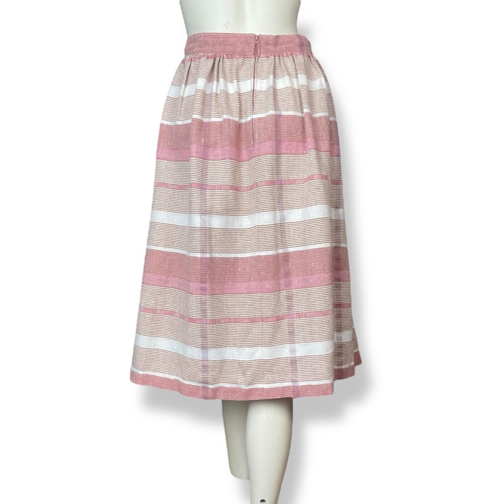 Vintage 80s Skirt Midi Stripes Pockets A-Line Pink White Retro Darts Gathered - Picture 2 of 16